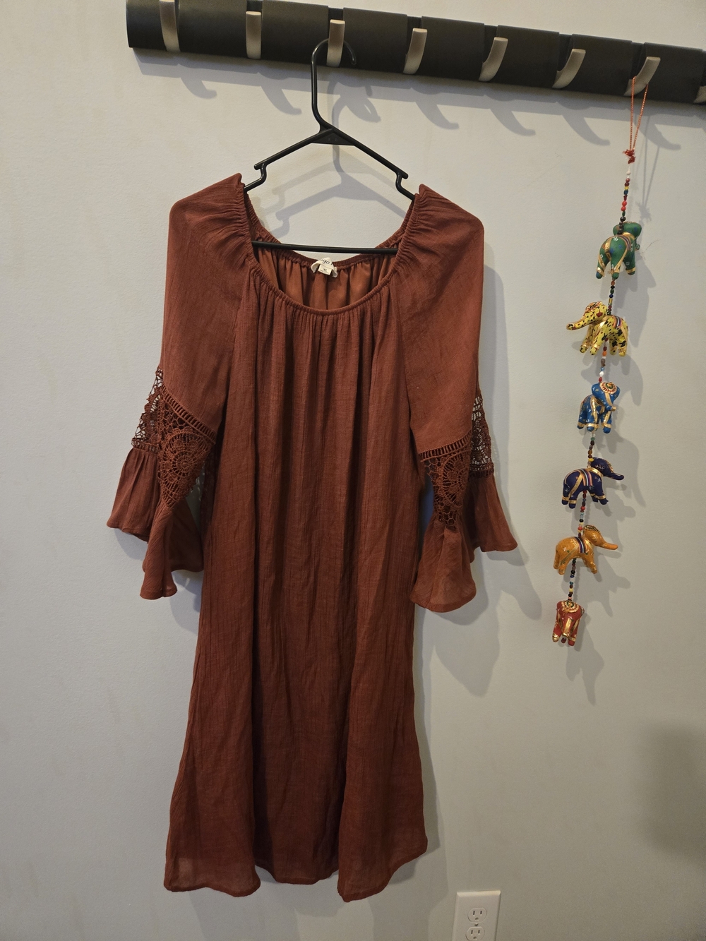 Boho Midi Dress in Rust Brown with Lace Bell Sleeves